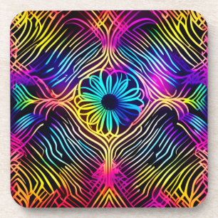 Psychedelic Neon Lines with Flower Art Coaster