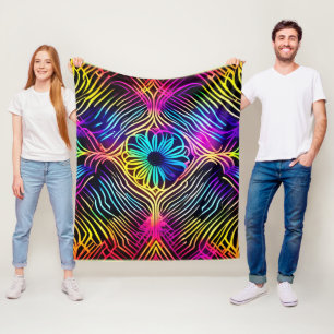 Psychedelic Neon Lines with Flower Art Fleece Blanket
