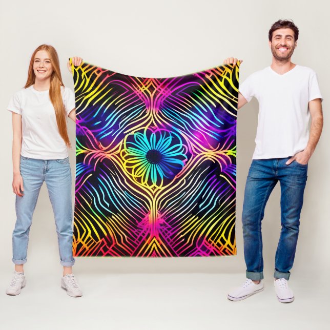 Psychedelic Neon Lines with Flower Art Fleece Blanket (In Situ)