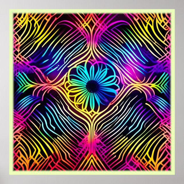 Psychedelic Neon Lines with Flower Art Poster (Front)