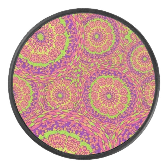 Psychedelic Neon Mandala Swirl Pattern Hockey Puck (Front)