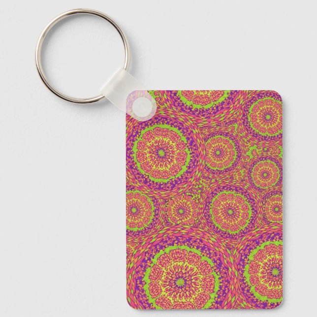Psychedelic Neon Mandala Swirl Pattern Key Ring (Front)