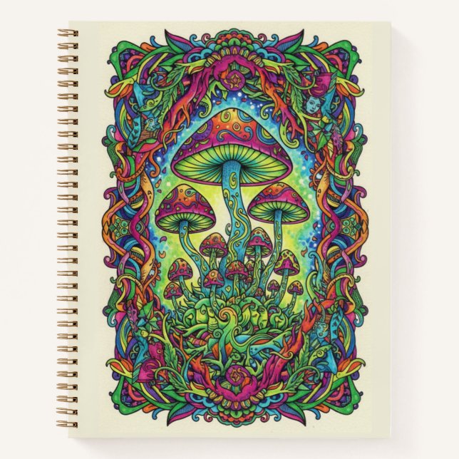 Psychedelic Neon Mushroom Forest Zen tangle Notebook (Front)