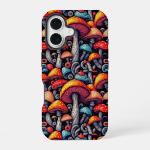 Psychedelic Neon Mushroom Pattern iPhone 16 Case