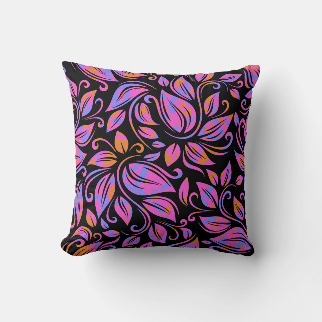 Psychedelic Neon Pink Purple Orange Print Black Cushion (Front)