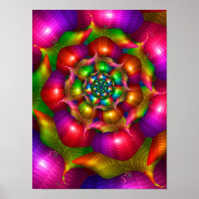 Psychedelic Neon Rose Fractal Mandala Poster (Front)