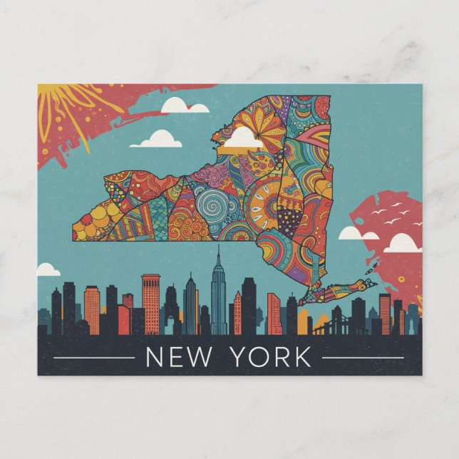 Psychedelic New York Map Art | Vibrant City & Stat Postcard (Front)