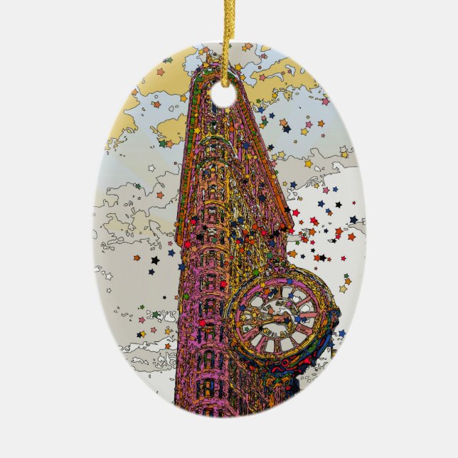 Psychedelic NYC: Flatiron Building & Clock #1A Ceramic Tree Decoration (Front)