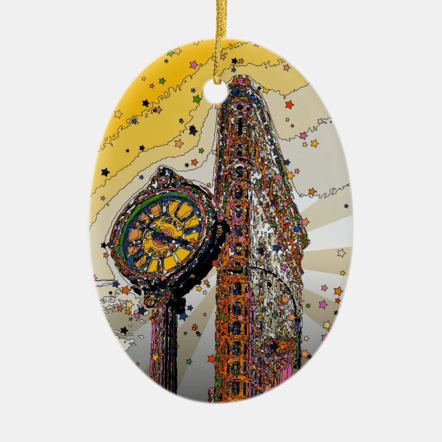 Psychedelic NYC: Flatiron Building & Clock #2A Ceramic Tree Decoration (Front)
