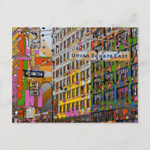 Psychedelic NYC: Union Square Building, St Sign A4 Postcard