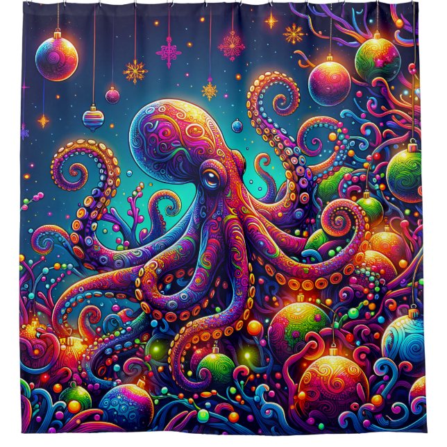 “Psychedelic Octopus Christmas Wonderland” Shower Curtain (Front)