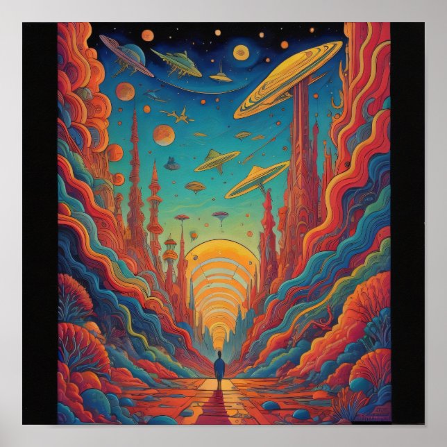 Psychedelic Orange Journey Landscape Art Poster (Front)