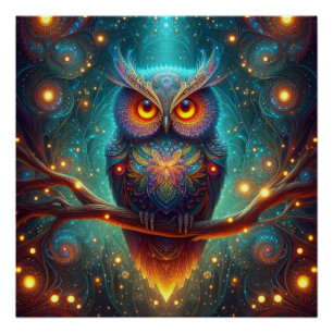 Psychedelic Owl in a Cosmic Forest Poster