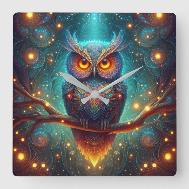Psychedelic Owl in a Cosmic Forest Square Wall Clock (Front)