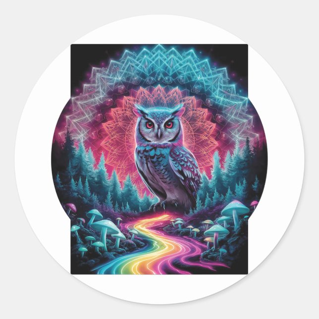Psychedelic Owl Mandala - Trippy Forest Art Classic Round Sticker (Front)