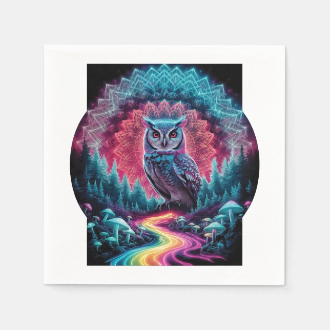 Psychedelic Owl Mandala - Trippy Forest Art Napkin (Front)