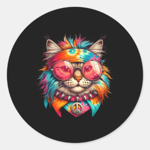 Psychedelic Peace Cat Colourful Hippie Retro Groov Classic Round Sticker