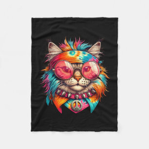 Psychedelic Peace Cat Colourful Hippie Retro Groov Fleece Blanket