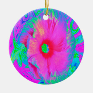 Psychedelic Pink and Red Hibiscus Flower Ceramic Tree Decoration