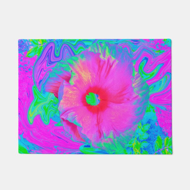 Psychedelic Pink and Red Hibiscus Flower Doormat (Front)