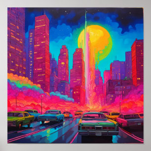 Psychedelic Pink Blue City Cars Poster