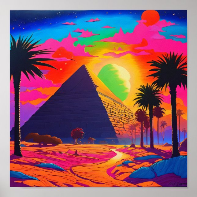 Psychedelic Pink Orange Egyptian Pyramid Poster (Front)