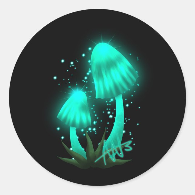 Psychedelic Pixie Cap Glowing Cyan Mushroom Classic Round Sticker (Front)