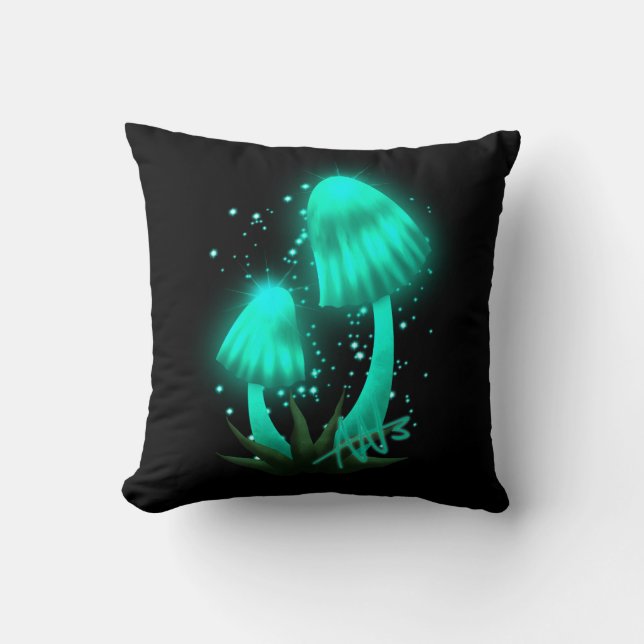 Psychedelic Pixie Cap Glowing Cyan Mushroom Cushion (Front)