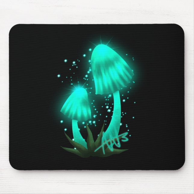 Psychedelic Pixie Cap Glowing Cyan Mushroom Mouse Mat (Front)