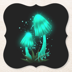 Psychedelic Pixie Cap Glowing Cyan Mushroom Paper Coaster