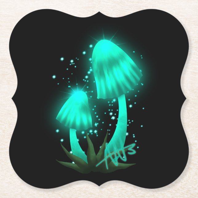 Psychedelic Pixie Cap Glowing Cyan Mushroom Paper Coaster (Front)