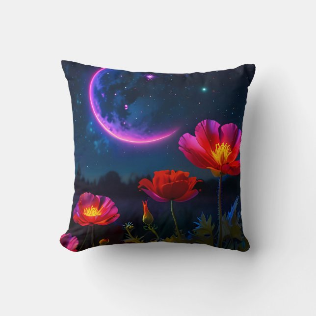 Psychedelic Poppy Landscape with Moon  Cushion (Front)