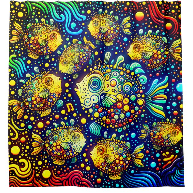 “Psychedelic Puffer Fish - Vibrant Underwater Art” Shower Curtain (Front)