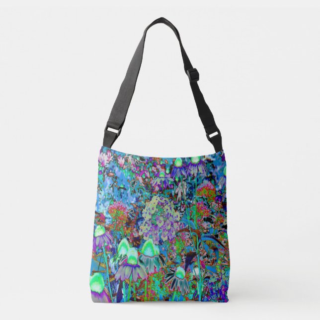 Psychedelic Purple and Lime Green Garden Flowers Crossbody Bag (Front)