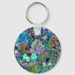 Psychedelic Purple and Lime Green Garden Flowers Key Ring