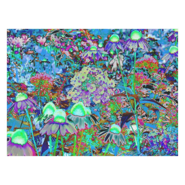 Psychedelic Purple and Lime Green Garden Flowers Tablecloth (Front (Horizontal))