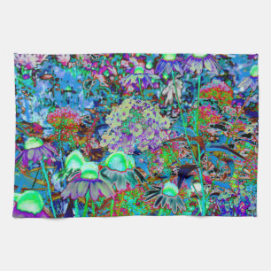 Psychedelic Purple and Lime Green Garden Flowers Tea Towel