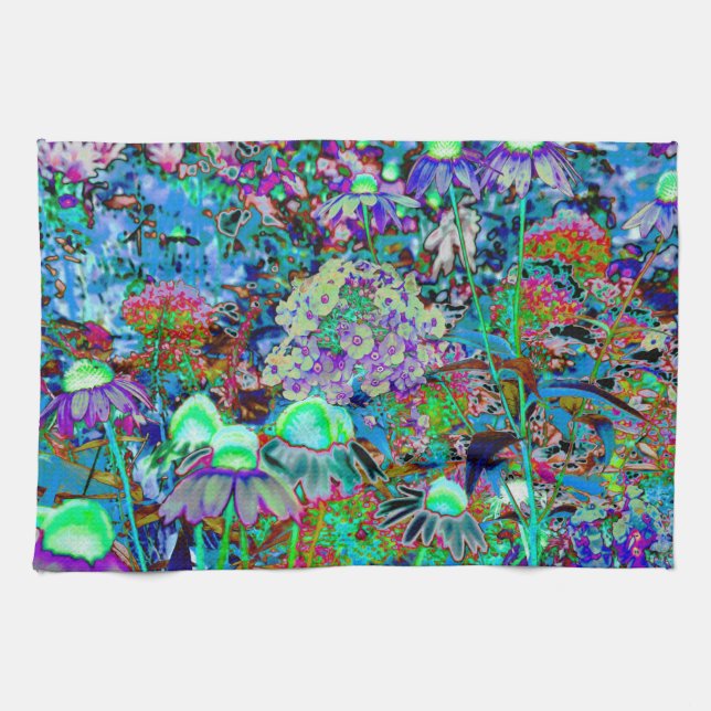 Psychedelic Purple and Lime Green Garden Flowers Tea Towel (Horizontal)