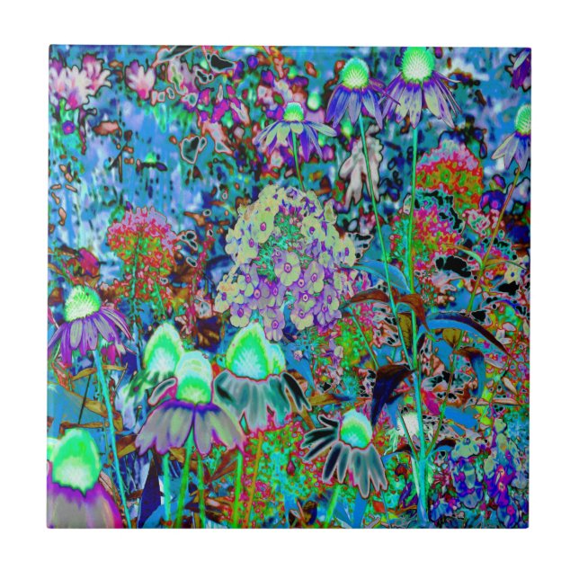 Psychedelic Purple and Lime Green Garden Flowers Tile (Front)