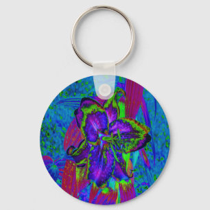 Psychedelic Purple and Lime Green Lily Flower Key Ring