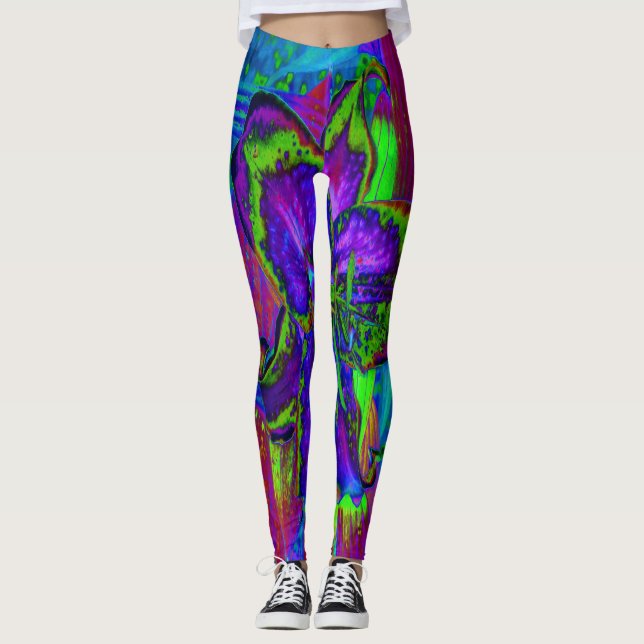 Psychedelic Purple and Lime Green Lily Flower Leggings (Front)