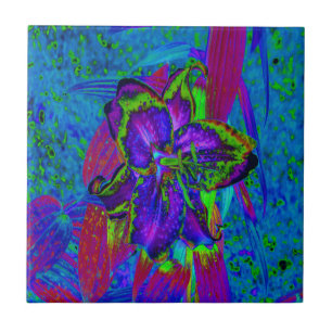 Psychedelic Purple and Lime Green Lily Flower Tile