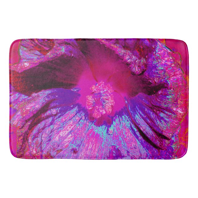 Psychedelic Purple and Magenta Hibiscus Flower Bath Mat (Front)