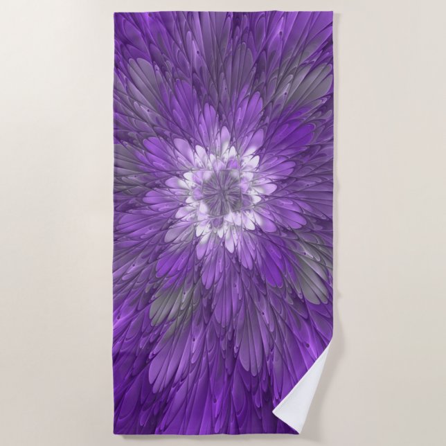 Psychedelic Purple Flower Abstract Fractal Art Beach Towel (Front)