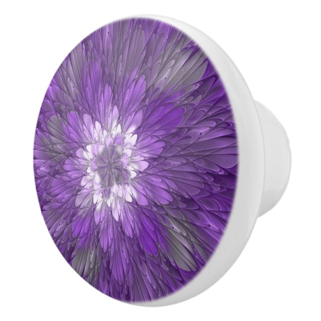 Psychedelic Purple Flower Abstract Fractal Art Ceramic Knob (Right)