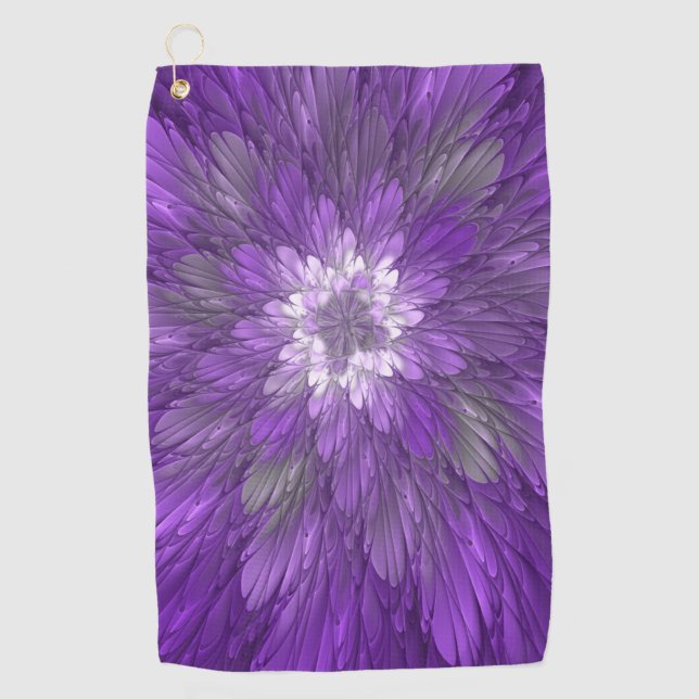 Psychedelic Purple Flower Abstract Fractal Art Golf Towel (Front)