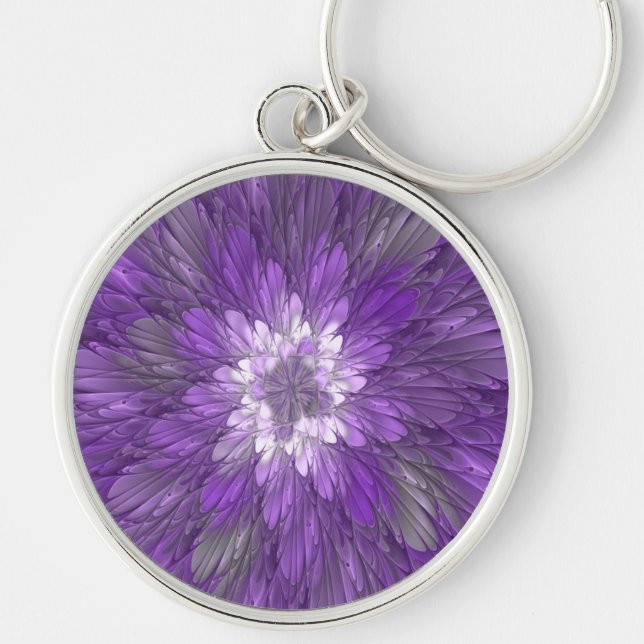 Psychedelic Purple Flower Abstract Fractal Art Key Ring (Front)