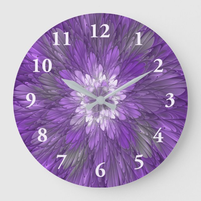 Psychedelic Purple Flower Abstract Fractal Art Large Clock (Front)