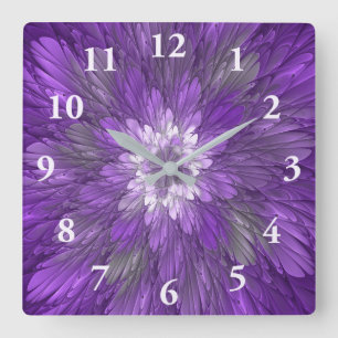 Psychedelic Purple Flower Abstract Fractal Art Square Wall Clock