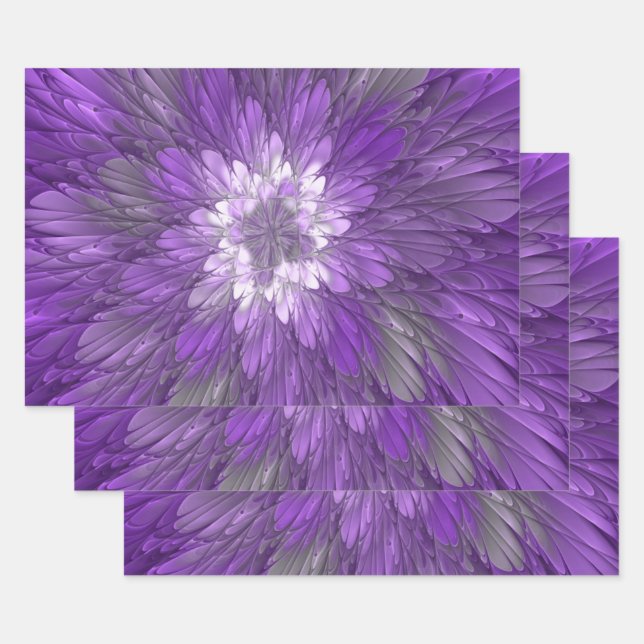 Psychedelic Purple Flower Abstract Fractal Art Wrapping Paper Sheet (Set)